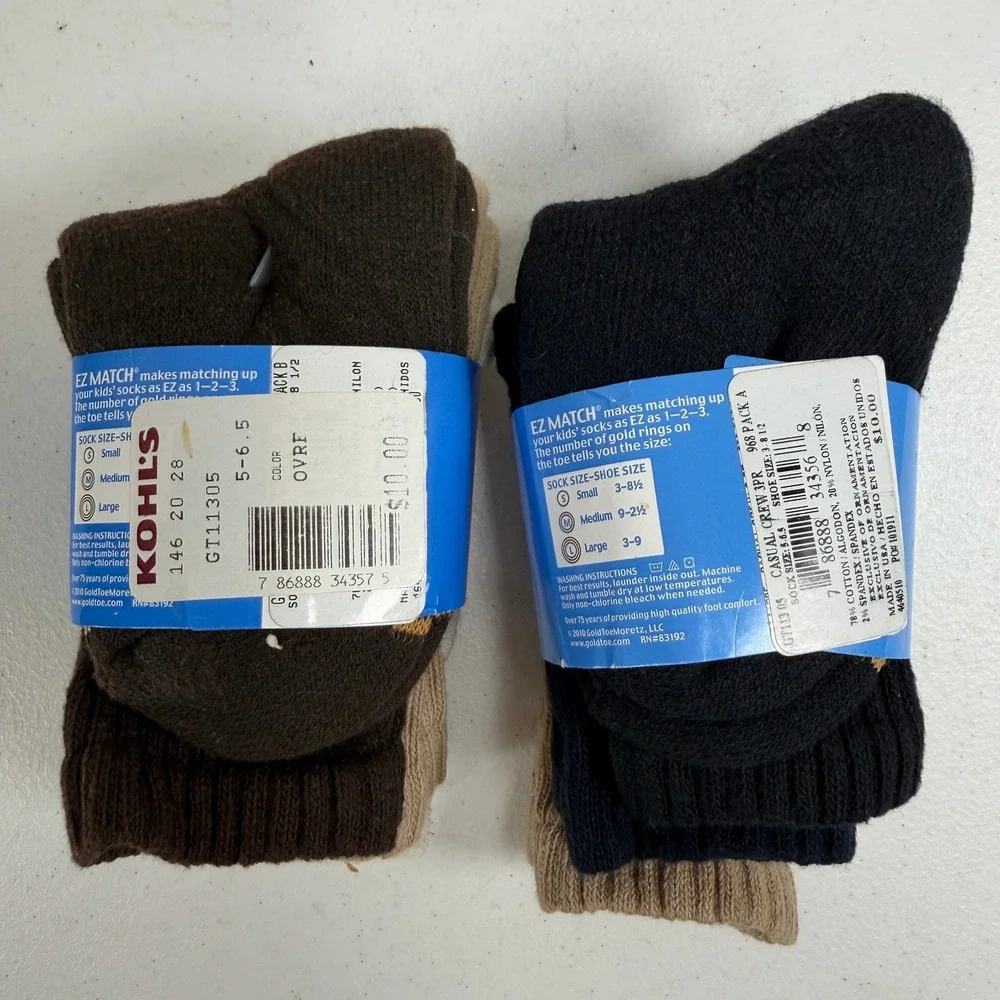Goldtoe Small 6 Pair Crew Socks Kids EZ Match Neutral Tan Black Casual Ribbed
